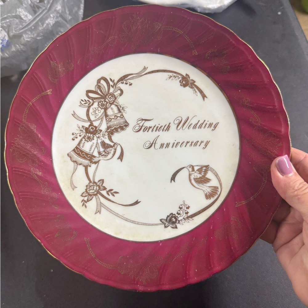 (Sale $5) Elegant Fortieth Wedding Anniversary Plate - burgundy and Gold